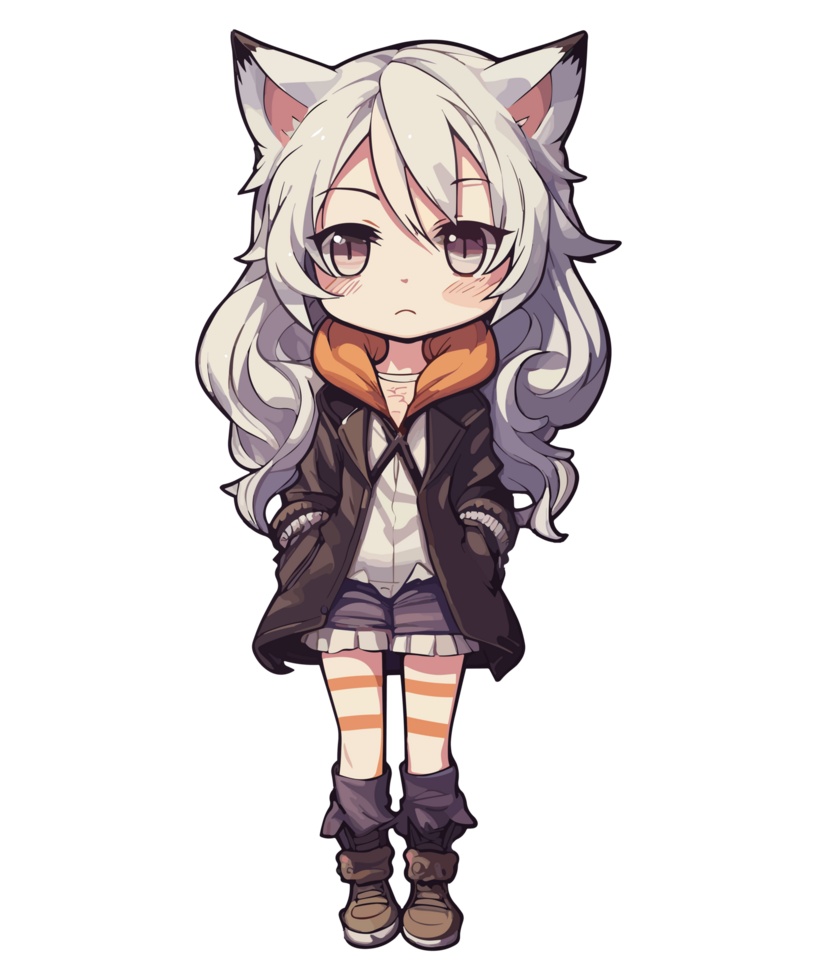 anime niña con un negro chaqueta y blanco piel en su orejas ai generativo png