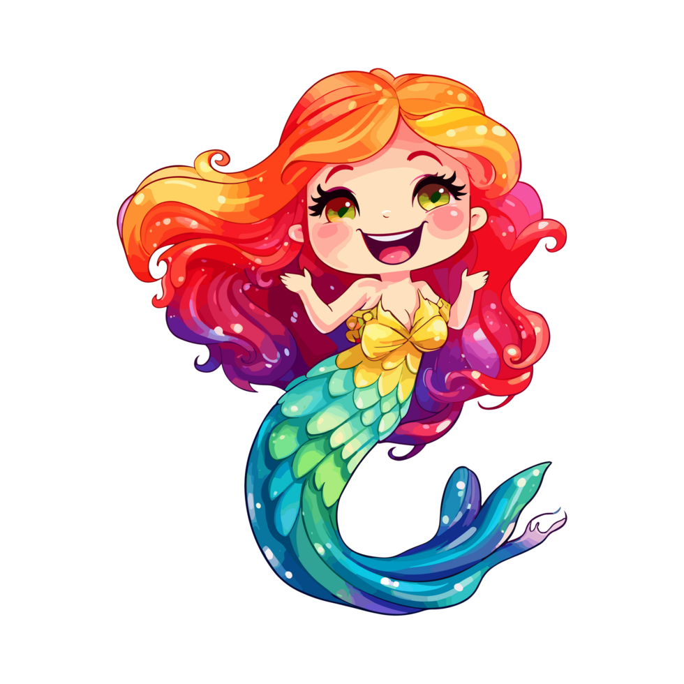 sirena con arcobaleno capelli e un' arcobaleno coda ai generativo png