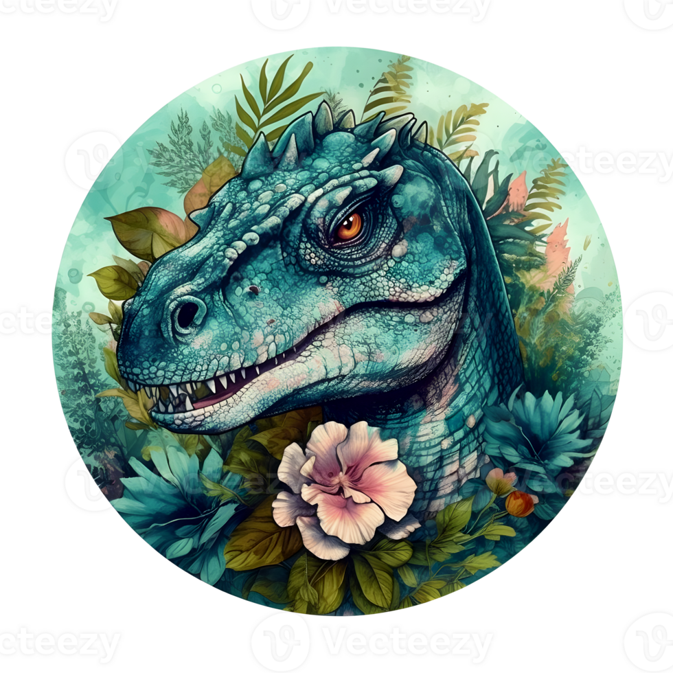 un dibujo de un tirano saurio Rex con un flor en el medio ai generativo png