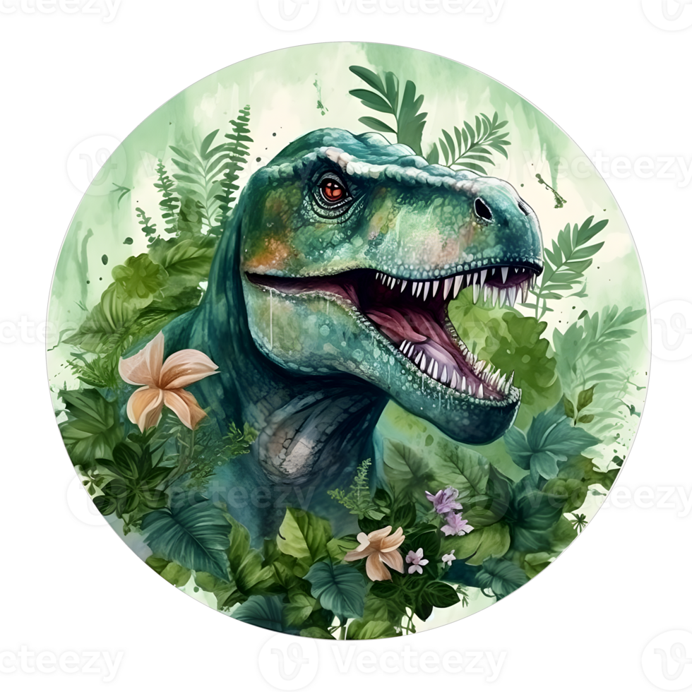 A Drawing of a T - rex with Green Leaves and Flowers png