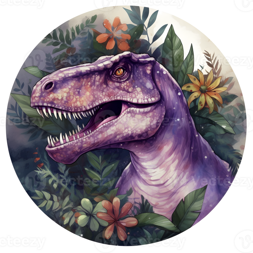 un' disegno di un' t-rex nel il giungla con le foglie e fiori ai generativo png