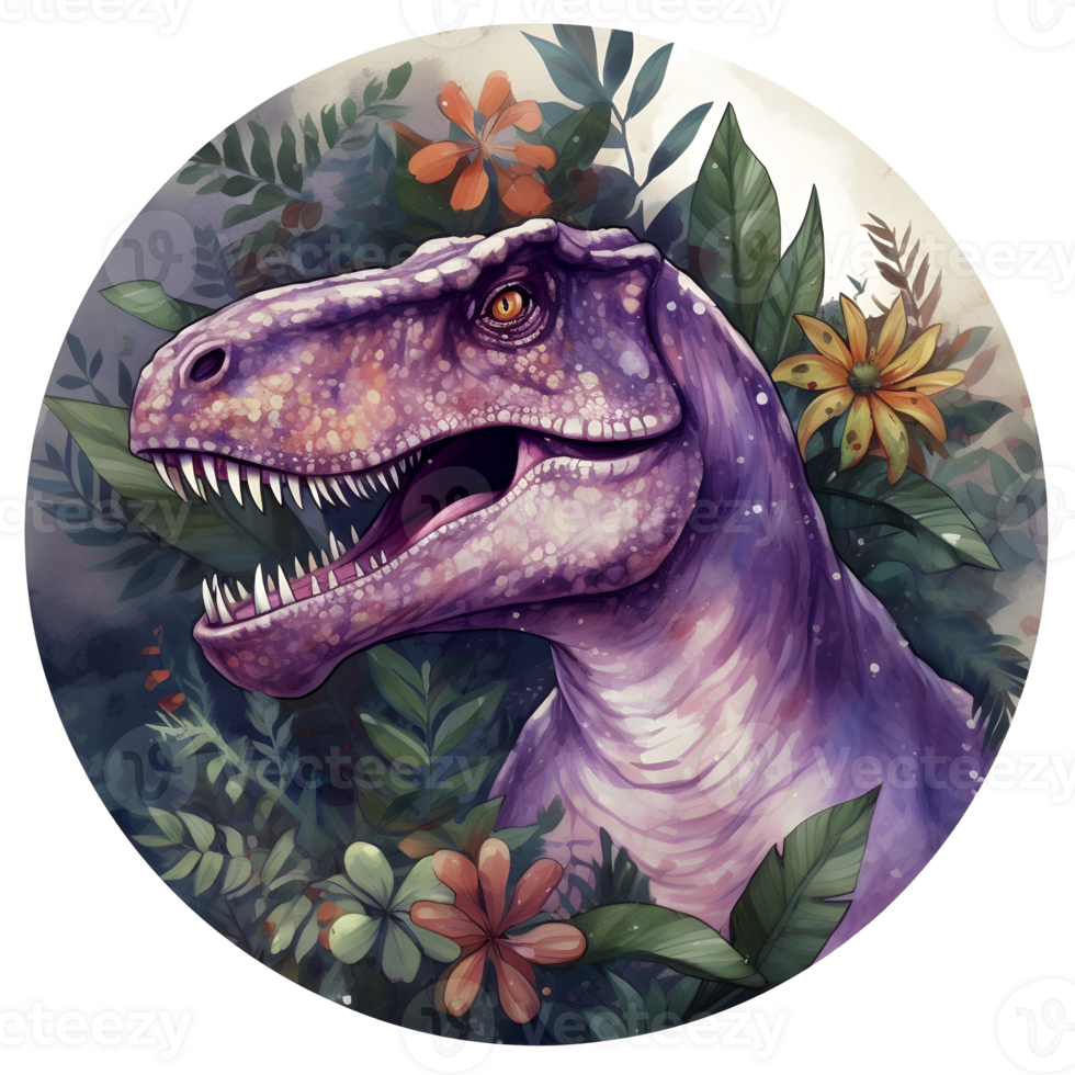 un dibujo de un tirano saurio Rex en el selva con hojas y flores ai generativo png