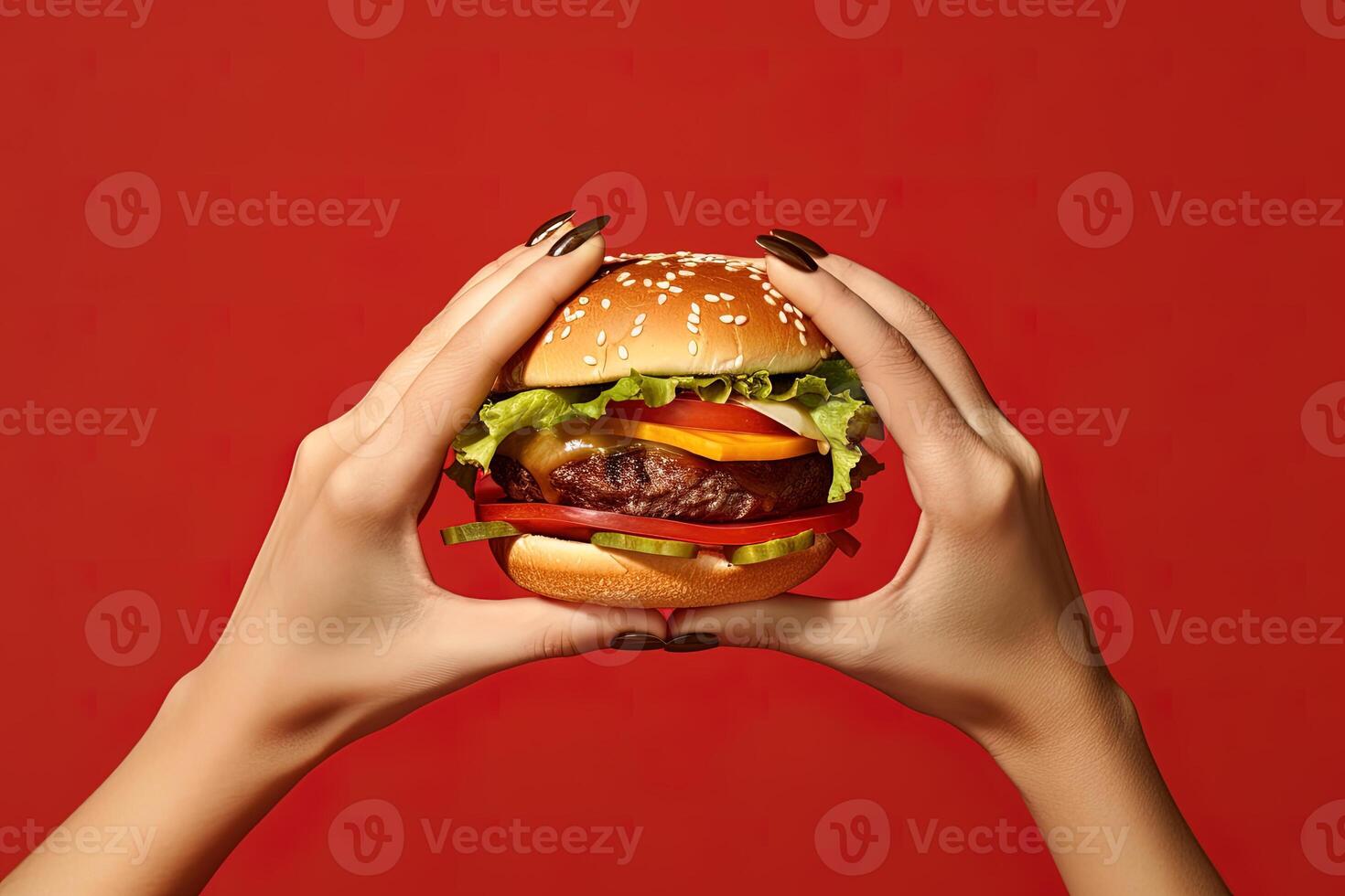 manos participación un hamburguesa aislado en rojo antecedentes. ai generado foto