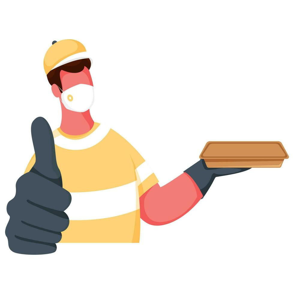 Cartoon Courier Boy Wear Protective Mask with Gloves and Showing Thumbs Up on White Background. vector