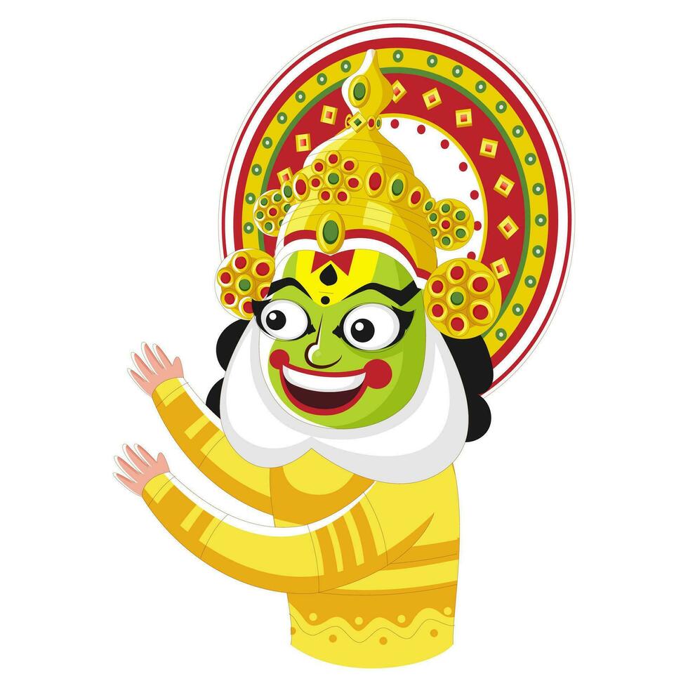 alegre Kathakali bailarín hombre dibujos animados personaje en blanco antecedentes. vector
