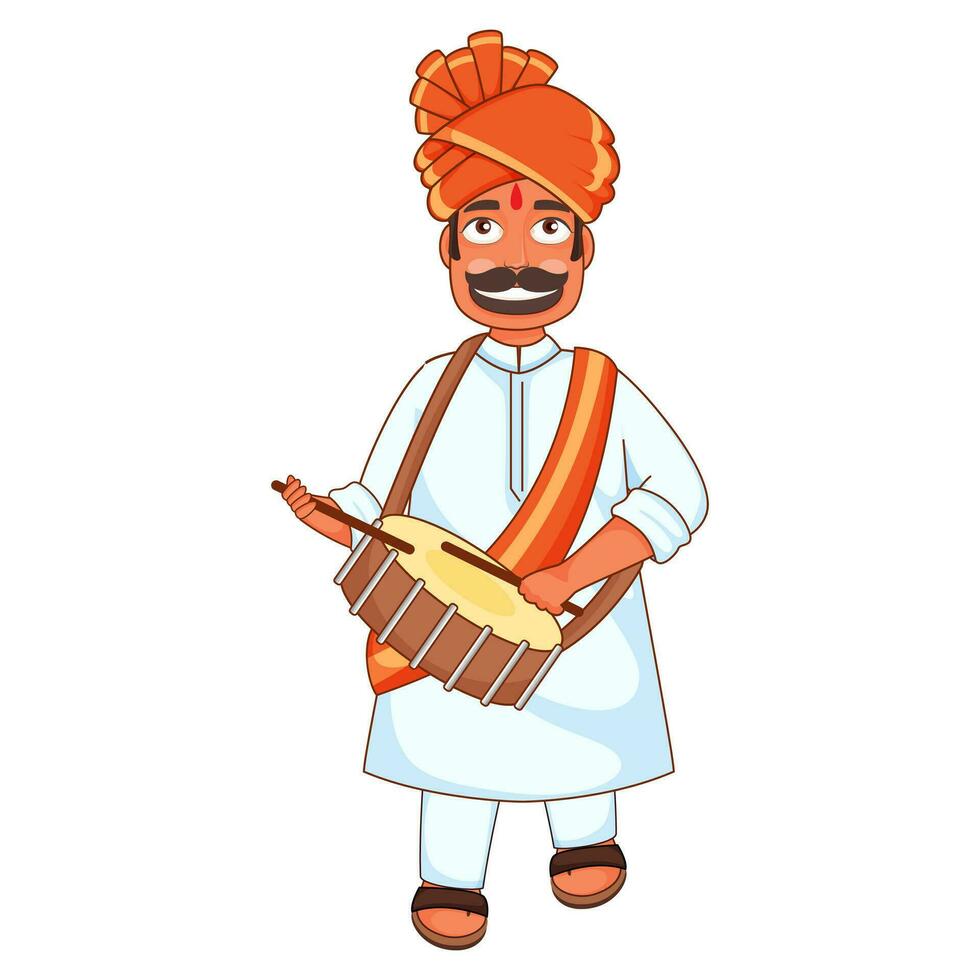 Cartoon Character of Cheerful Indian Man Playing Snare Drum with Stick. vector