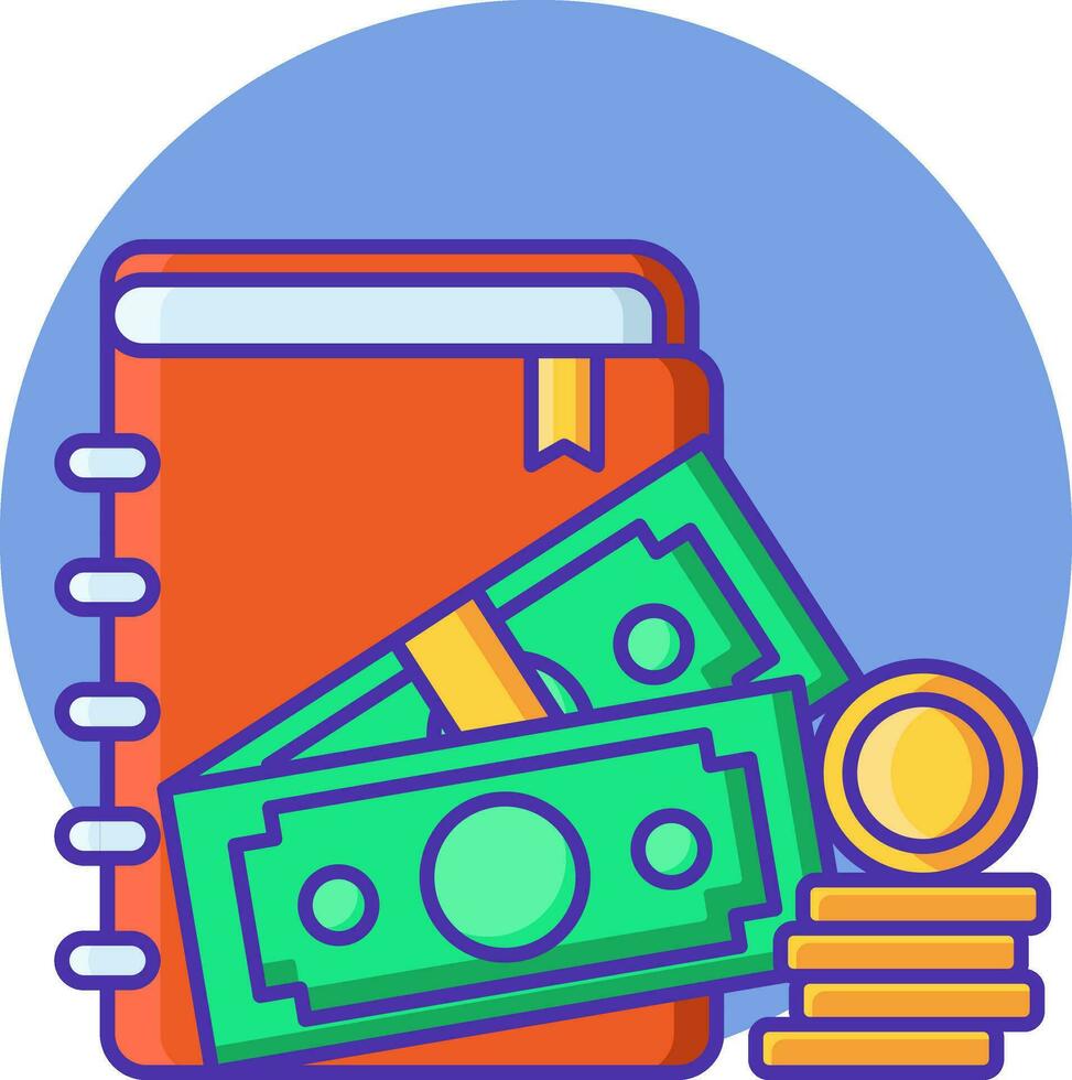 Money Cash with Notebook icon on blue round shape. vector