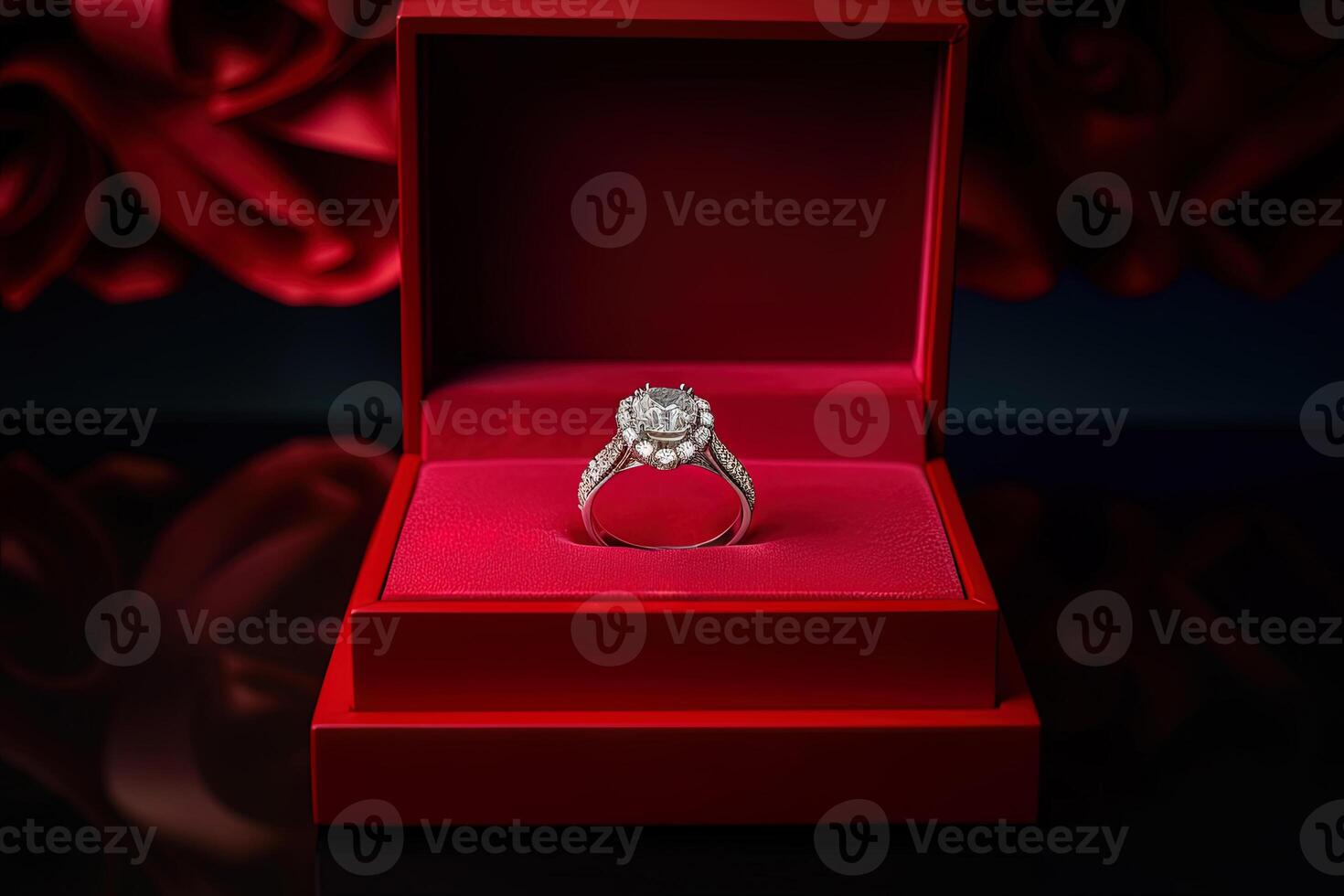 elegant diamond wedding ring in a box with a red theme. photo