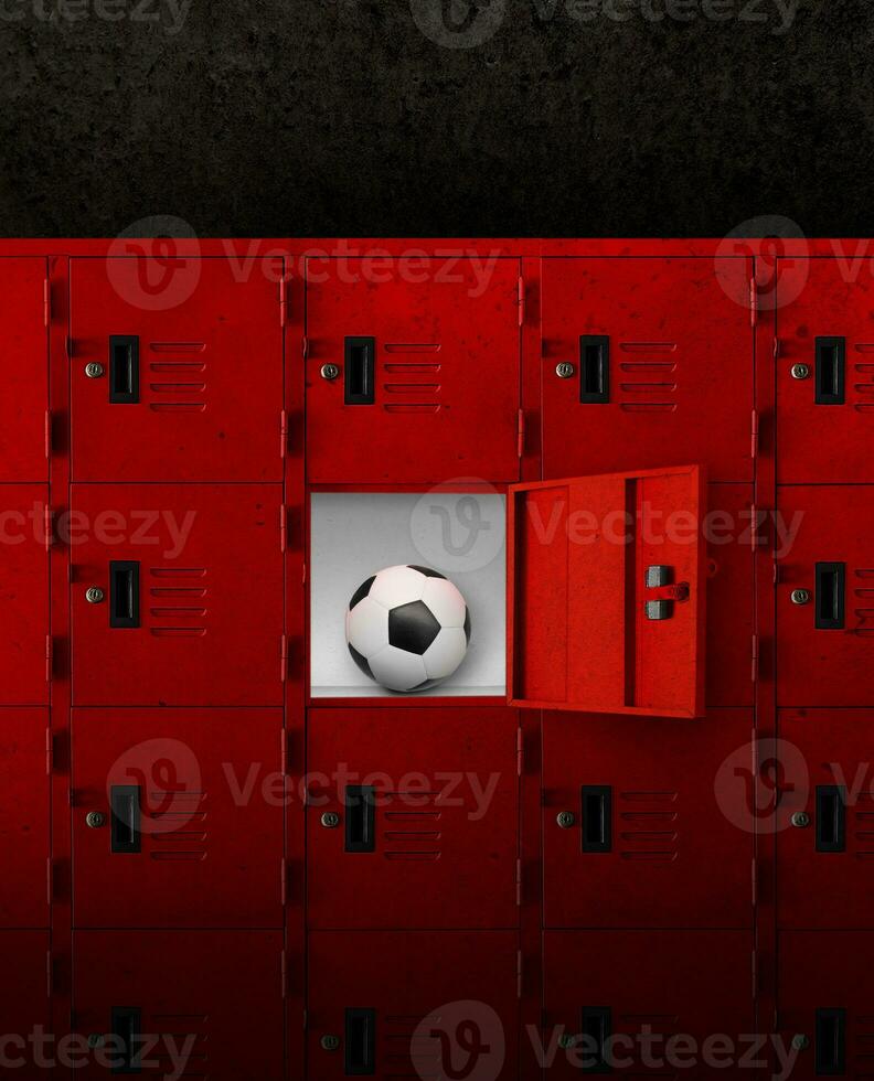 Soccer ball in red locker or old locker in room concept of strength, endurance photo