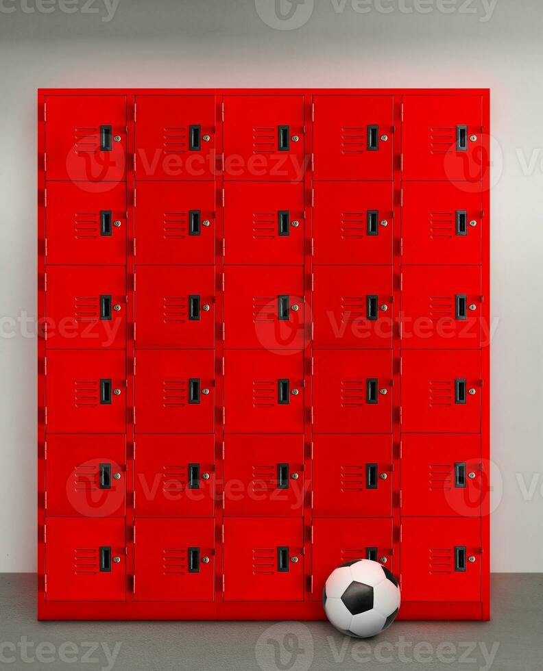 Red locker or gym locker and soccer ball inside room photo