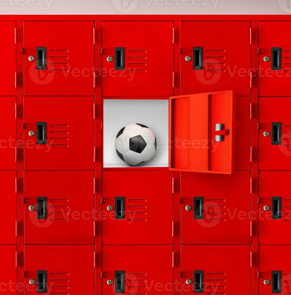 fútbol pelota en rojo armario o gimnasio armario en habitación foto