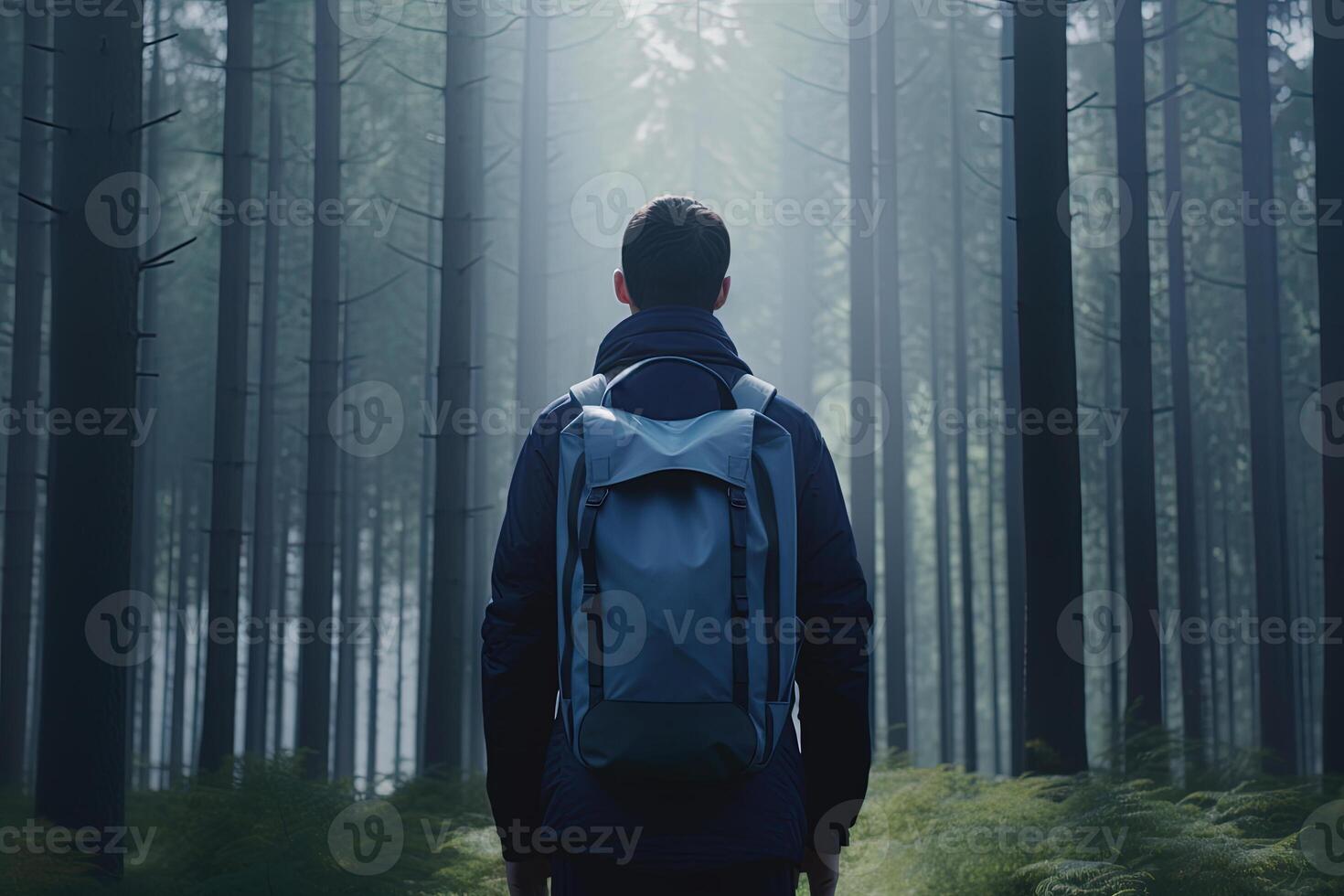 Back view young man with a backpack standing the forest. Freedom and nature concept. photo