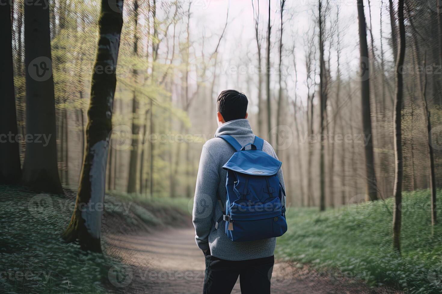 Back view young man with a backpack standing the forest. Freedom and nature concept. photo