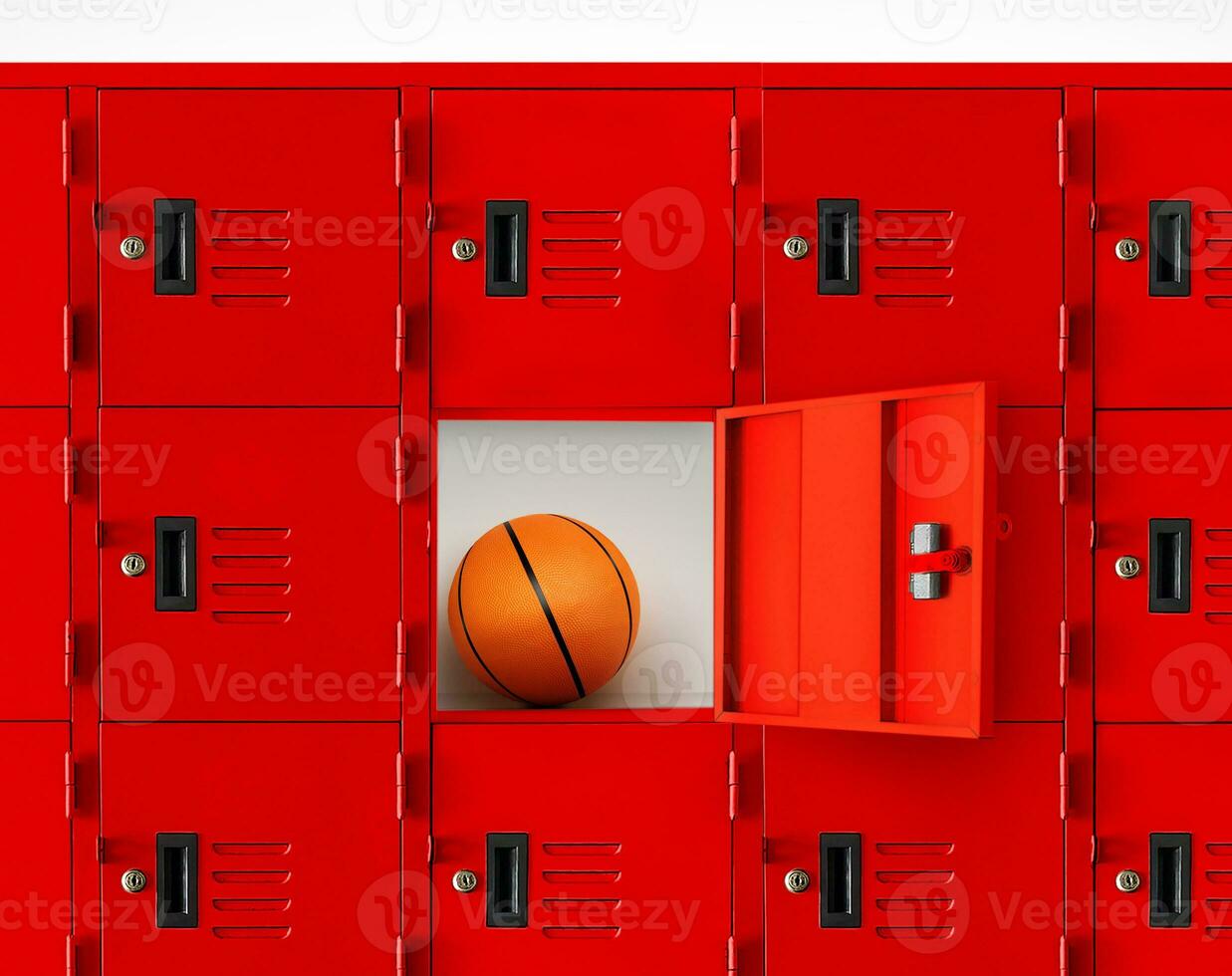 Basketball in a red locker or an open gym locker. photo