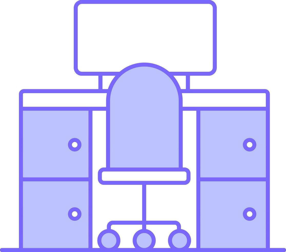 Desktop On Desk With Chair Icon In Blue And White Color. vector