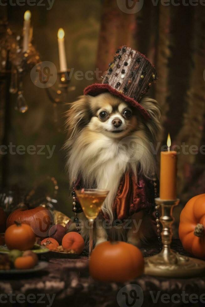 Small Dog Dressed Up on Halloween Festive Party Close Up. photo