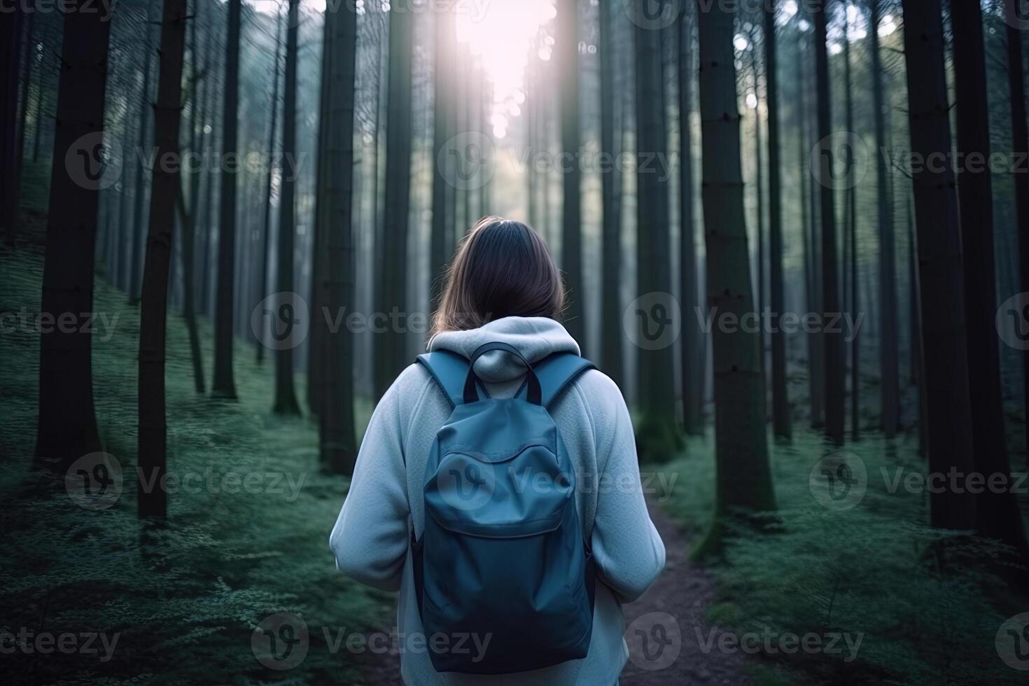 Back view young woman with a backpack standing in the forest. Freedom and nature concept. photo