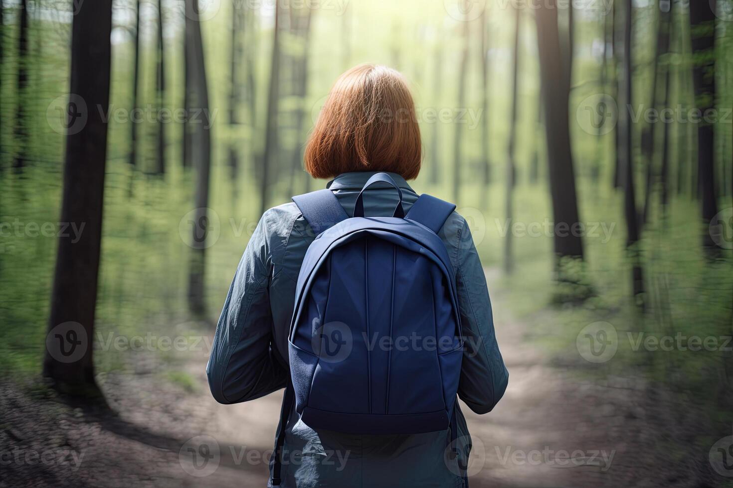 Back view young woman with a backpack standing in the forest. Freedom and nature concept. photo