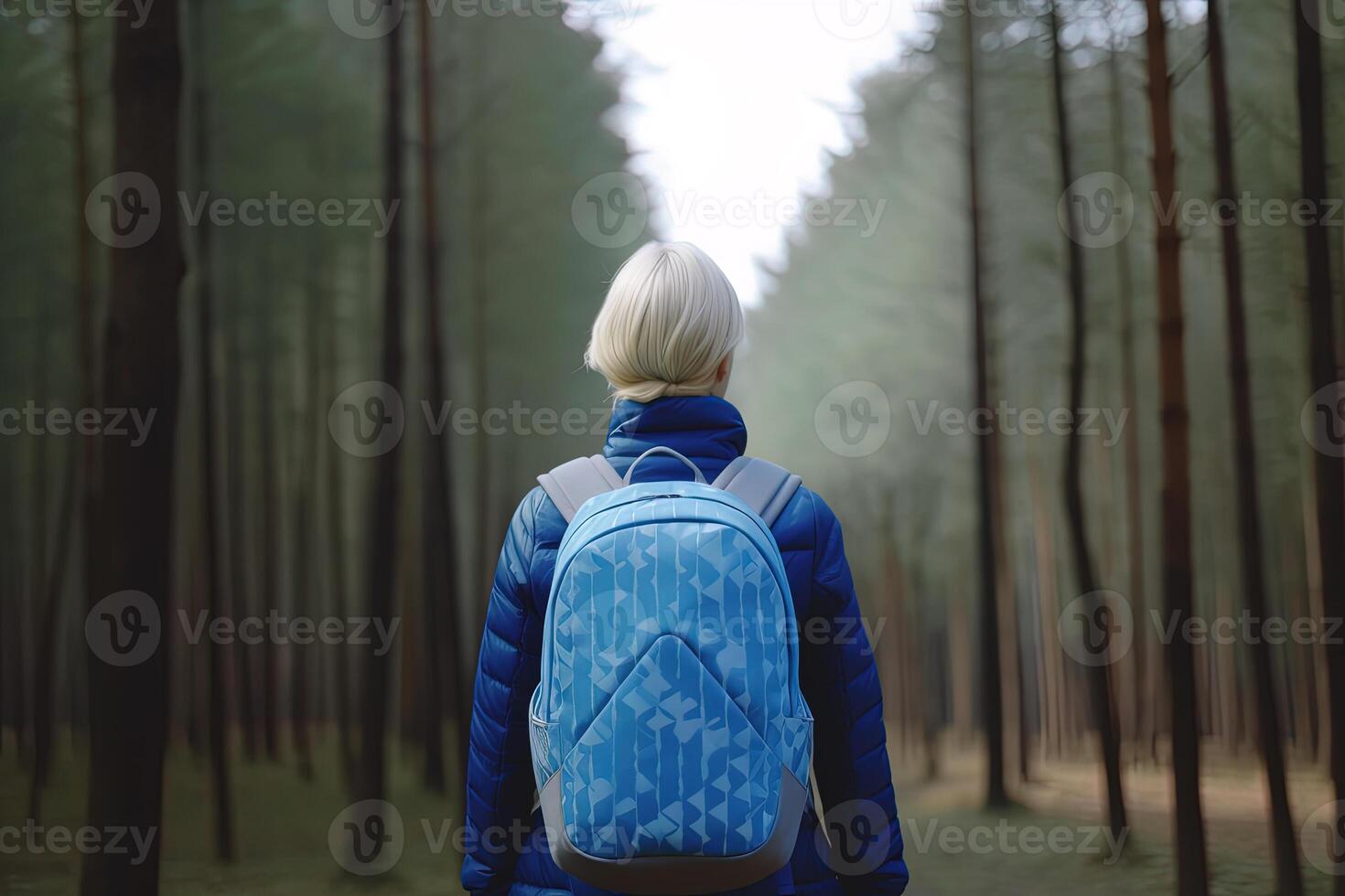 Back view young woman with a backpack standing in the forest. Freedom and nature concept. photo