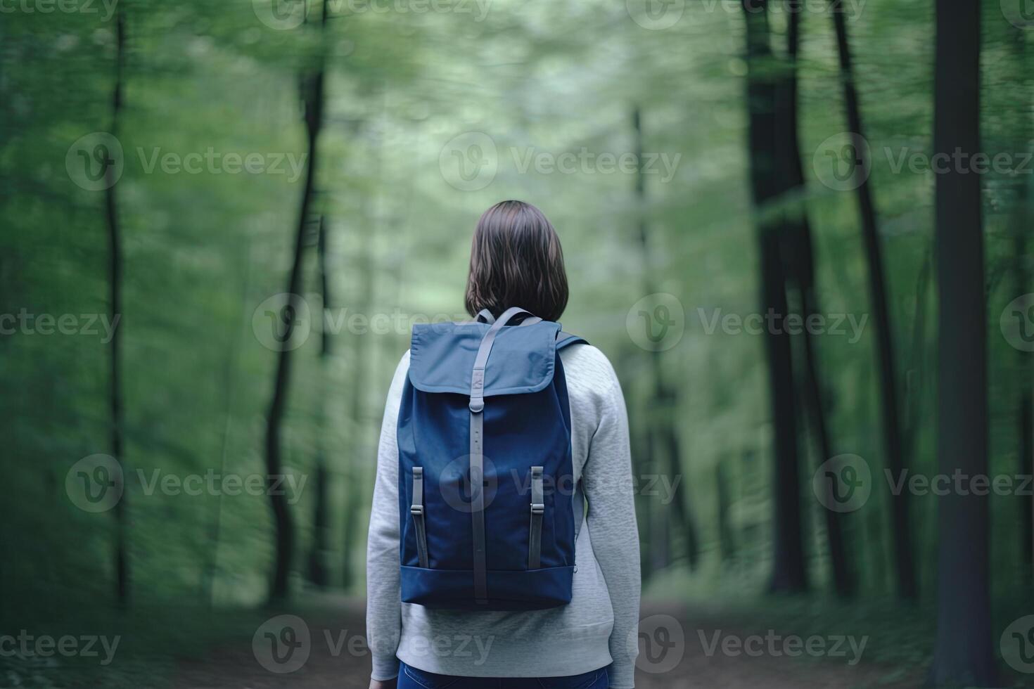 Back view young woman with a backpack standing in the forest. Freedom and nature concept. photo