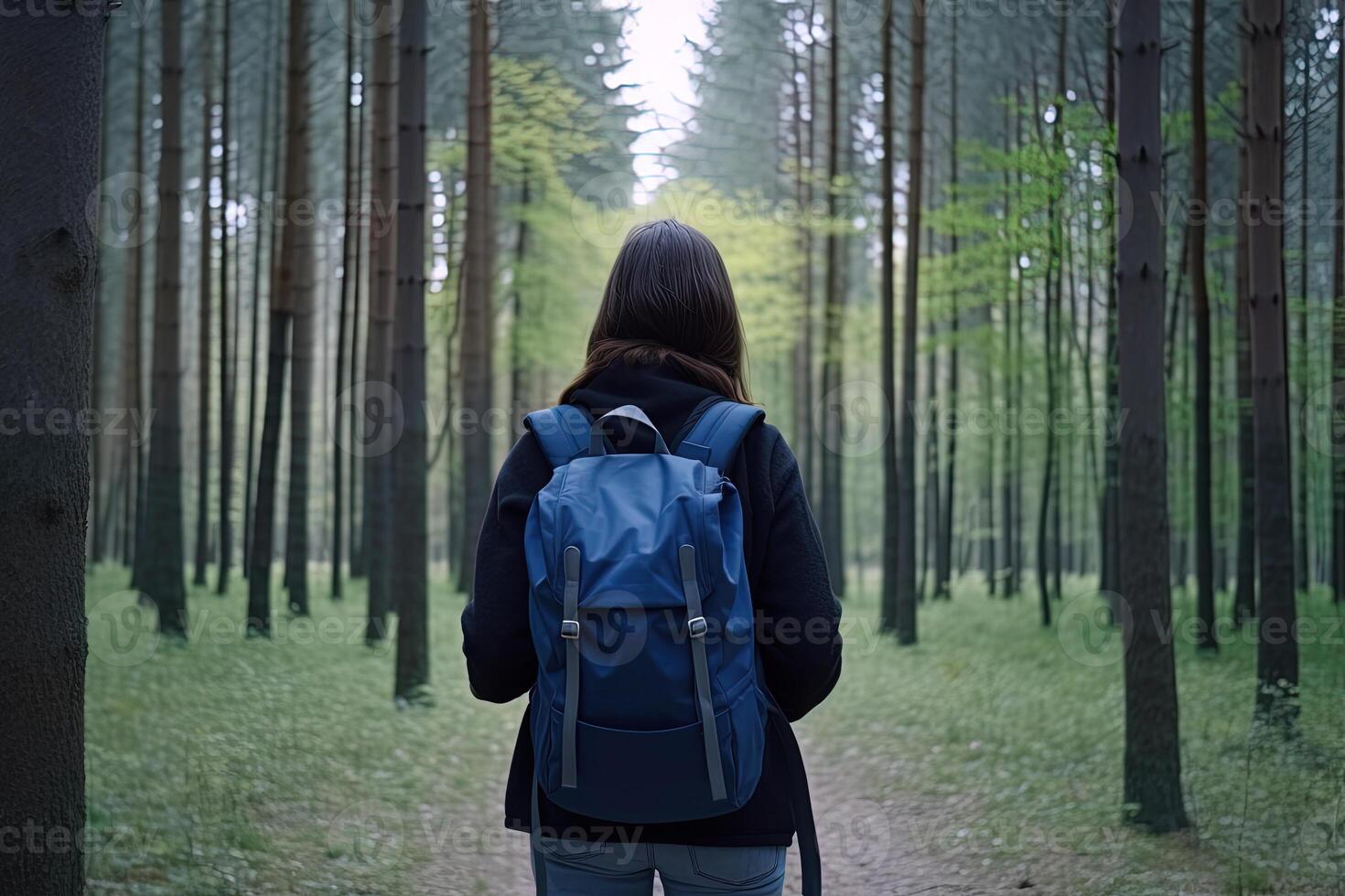 Back view young woman with a backpack standing in the forest. Freedom and nature concept. photo