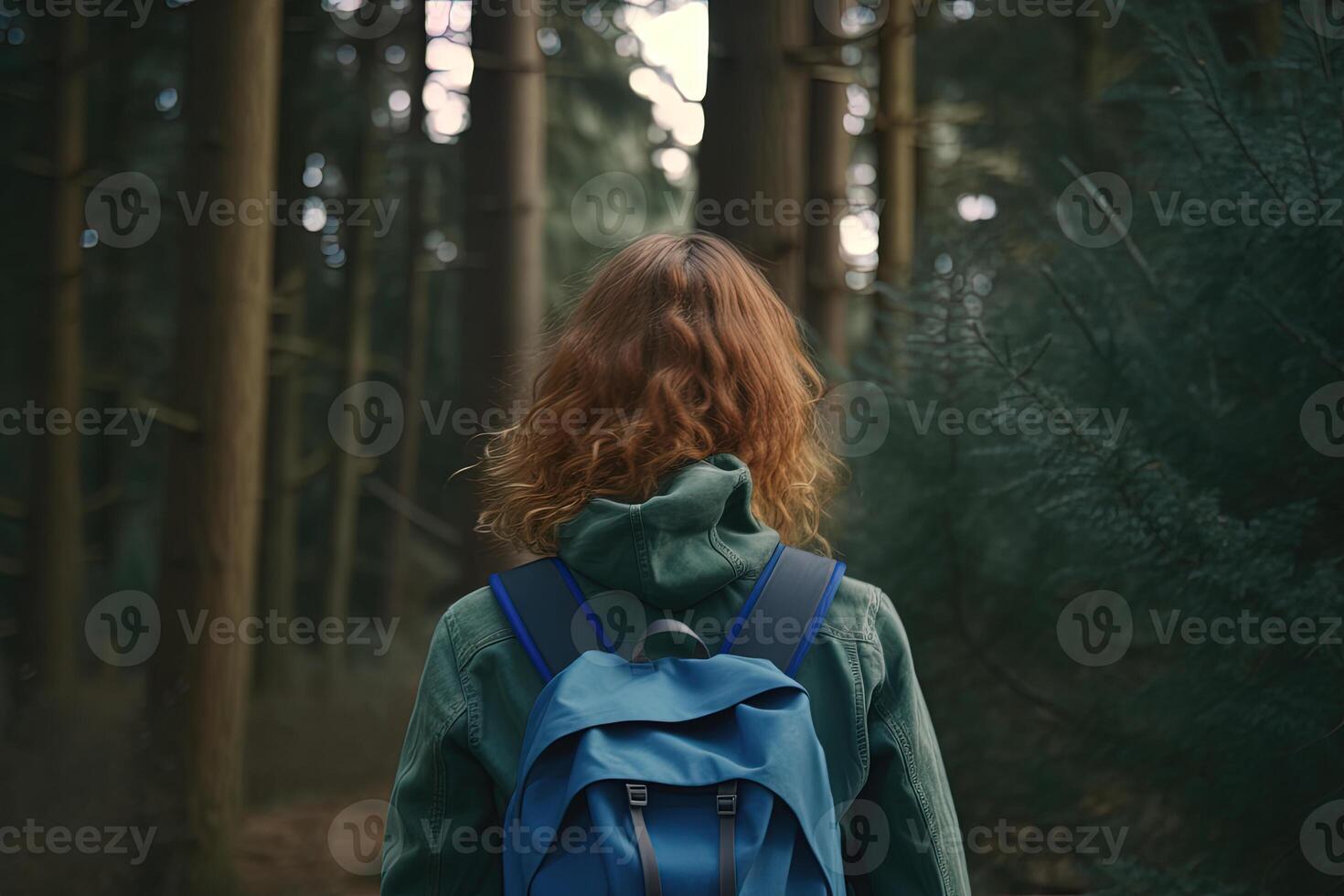 espalda ver joven mujer con un mochila en pie en el bosque. libertad y naturaleza concepto. ai generado foto