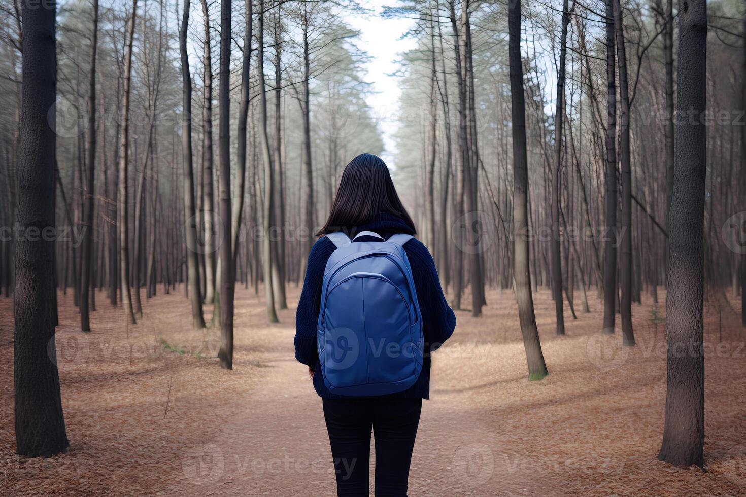 Back view young woman with a backpack standing in the forest. Freedom and nature concept. photo