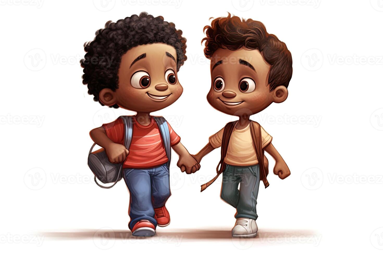 Two cute black brothers walking down the road one big and another small showing affection and care, disney style, cartoon, white background, back towards the camera photo