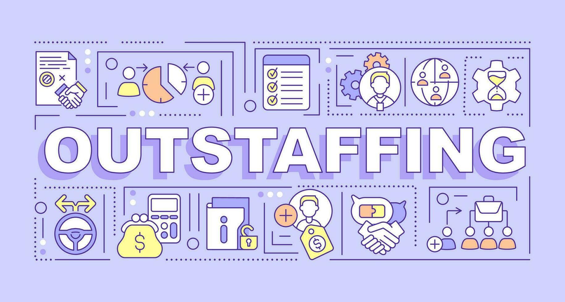 Outstaffing word concepts purple banner. Remote employees recruiting. Infographics with editable icons on color background. Isolated typography. Vector illustration with text