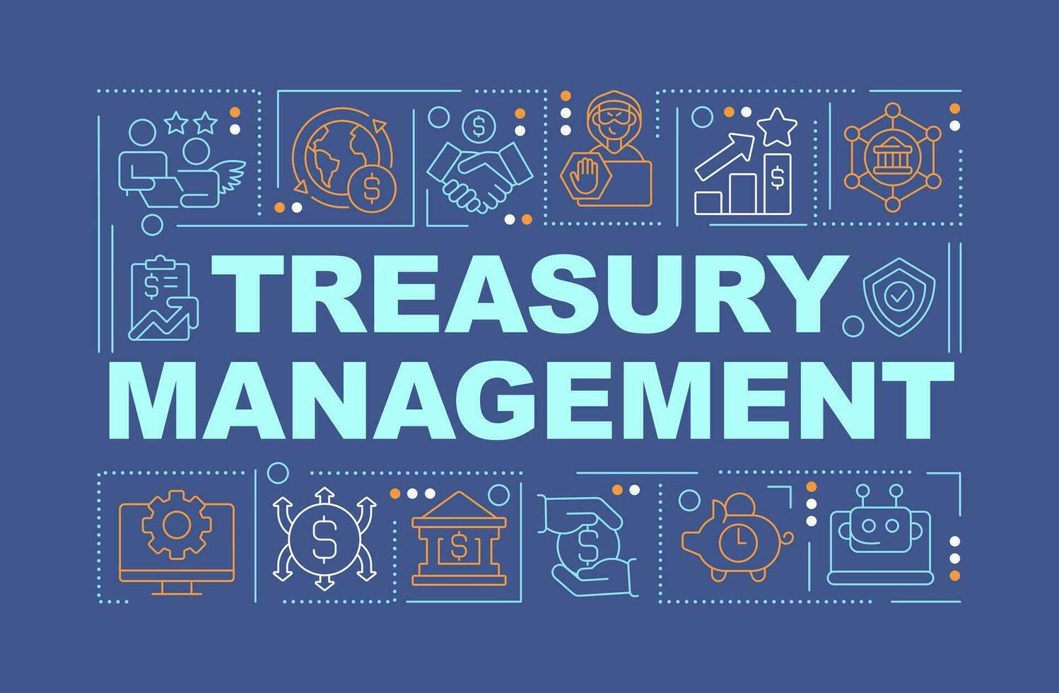 Treasury management word concepts dark blue banner. Financial service. Infographics with editable icons on color background. Isolated typography. Vector illustration with text
