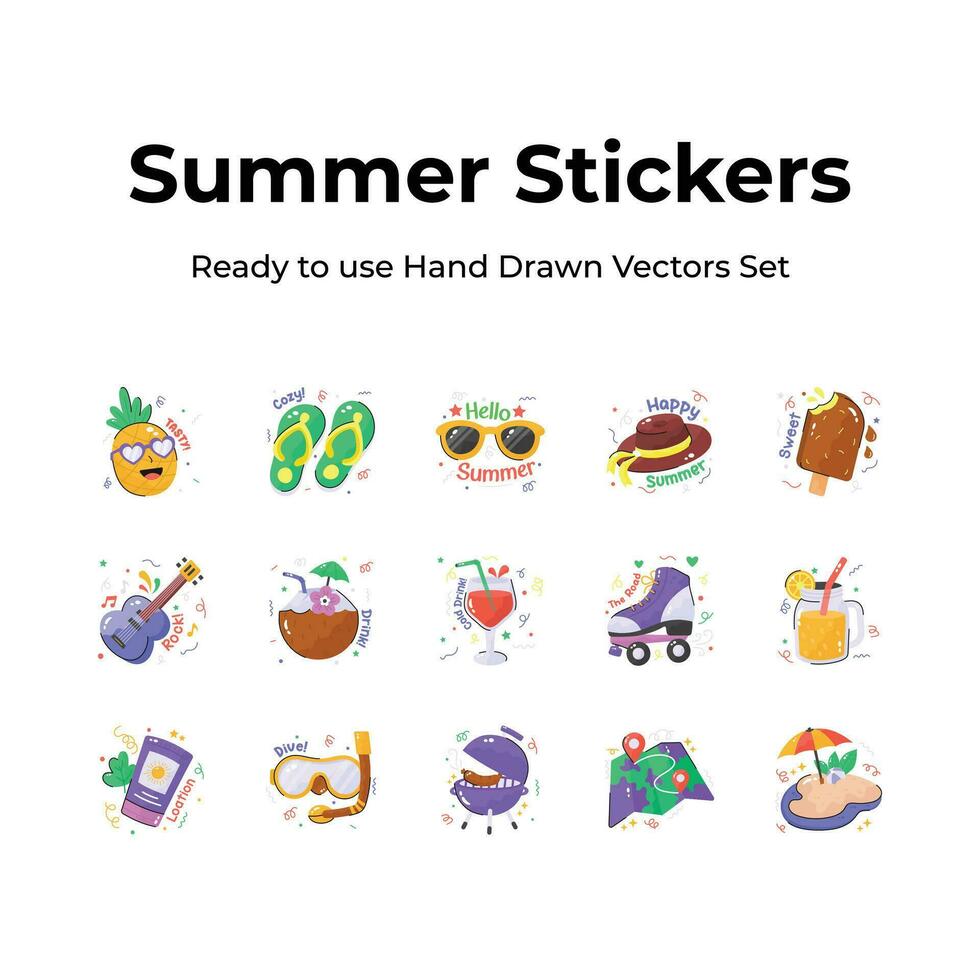 Get you hands on this creatively designed hand drawn stickers of summer vacation, travel and adventure vectors
