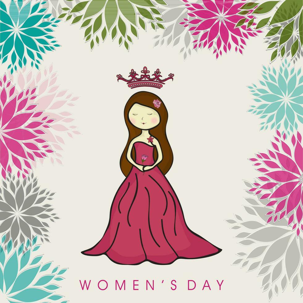 Beautiful young girl with flowers decorated long hairs on colorful abstract background for Happy Women's Day celebration. vector