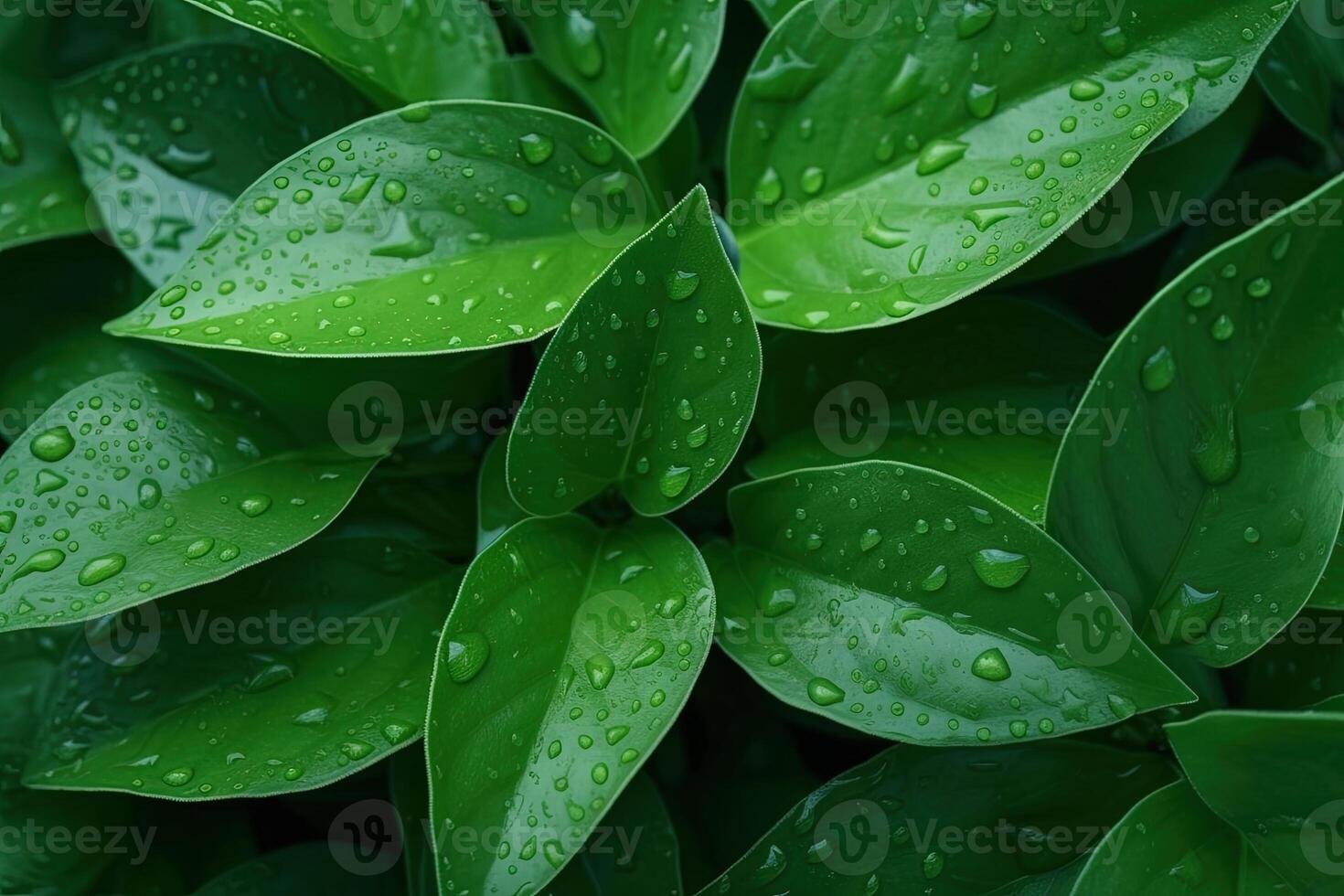 top view fresh green leaves with raindrops texture. photo