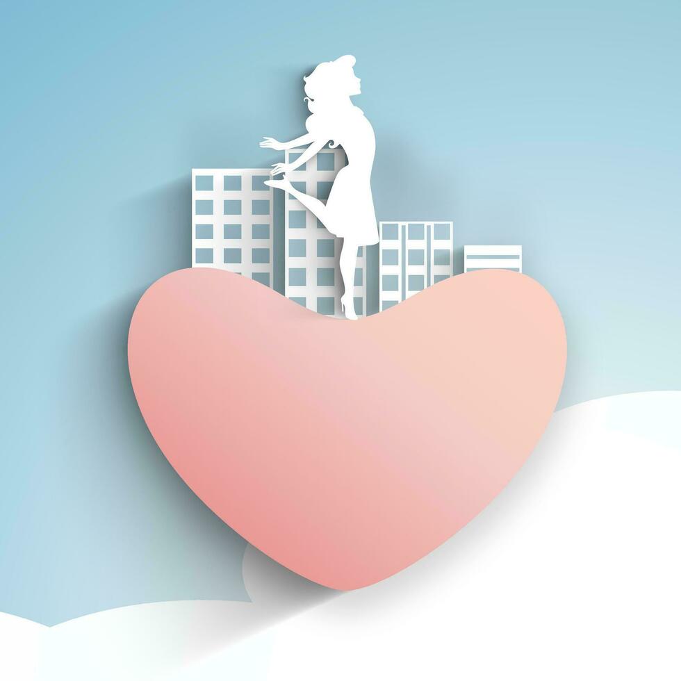 Happy Women's Day greeting card or background with white silhouette of a happy girl on heart and urban city on abstract blue background. vector