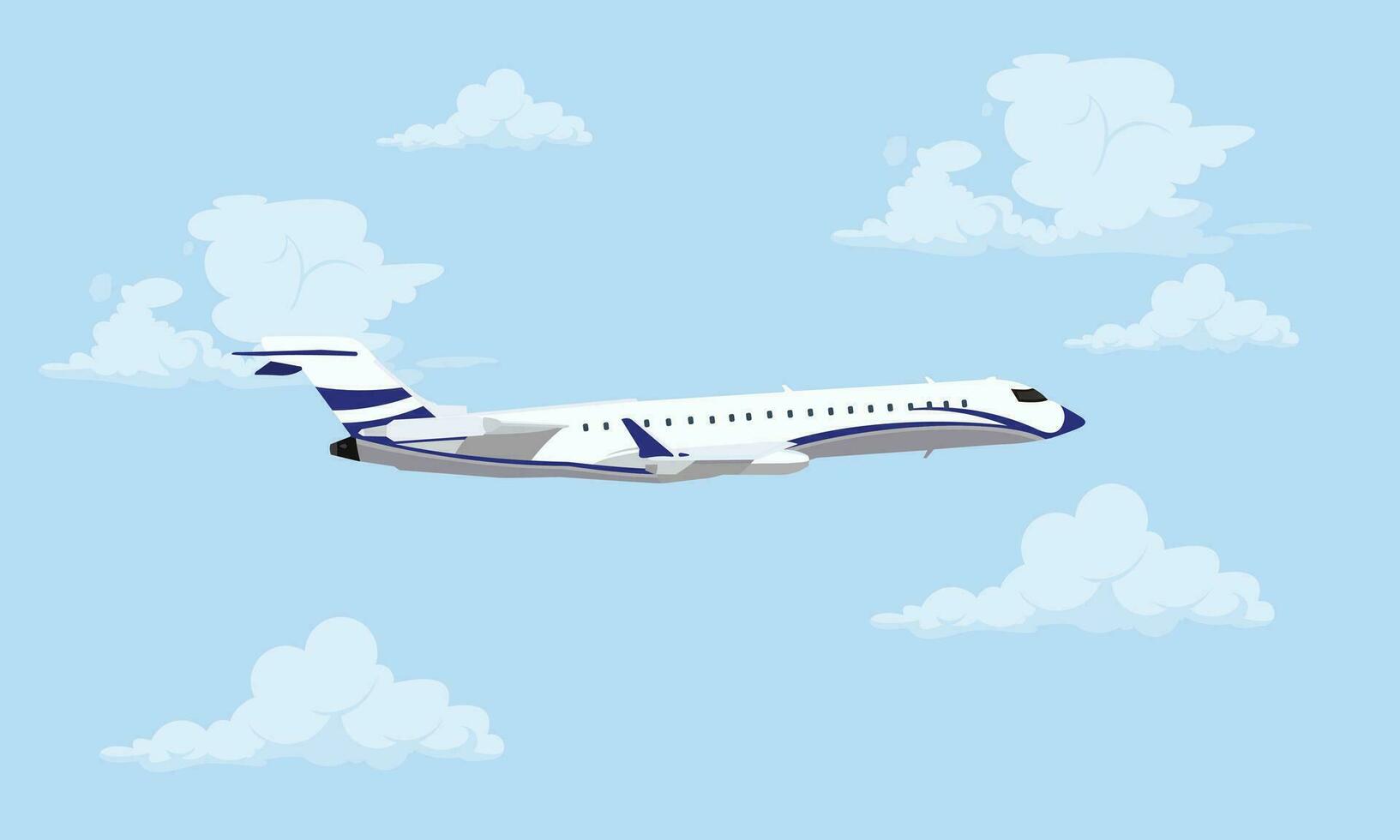 Airplane in the sky. The plane is flying between the clouds. Flat illustration vector