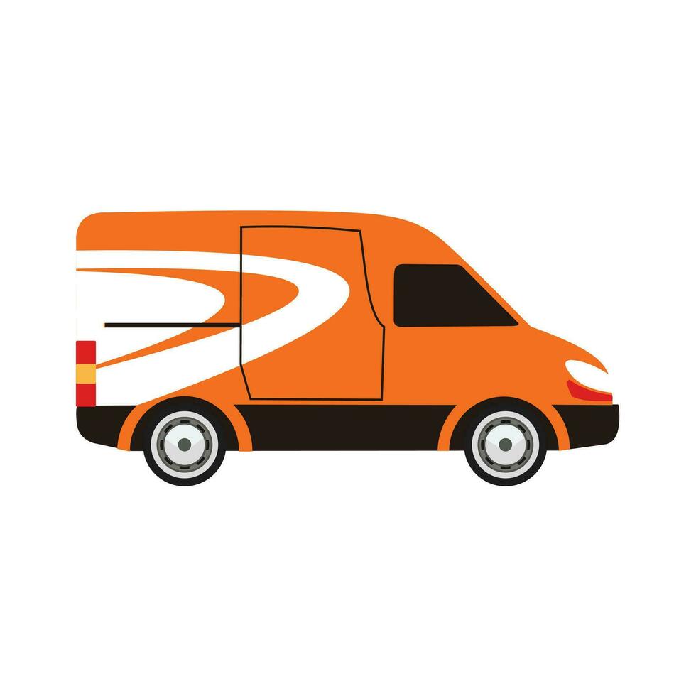 dibujos animados entrega camión camioneta con mensajero aislado en blanco antecedentes. vector ilustración de naranja camión entrega. carga auto. plano estilo. lado vista, perfil.