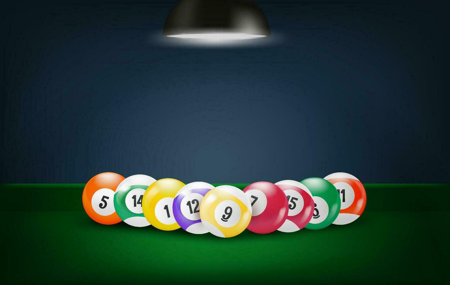 Color billiard balls on green table with lamp. 3d vector banner with copy space