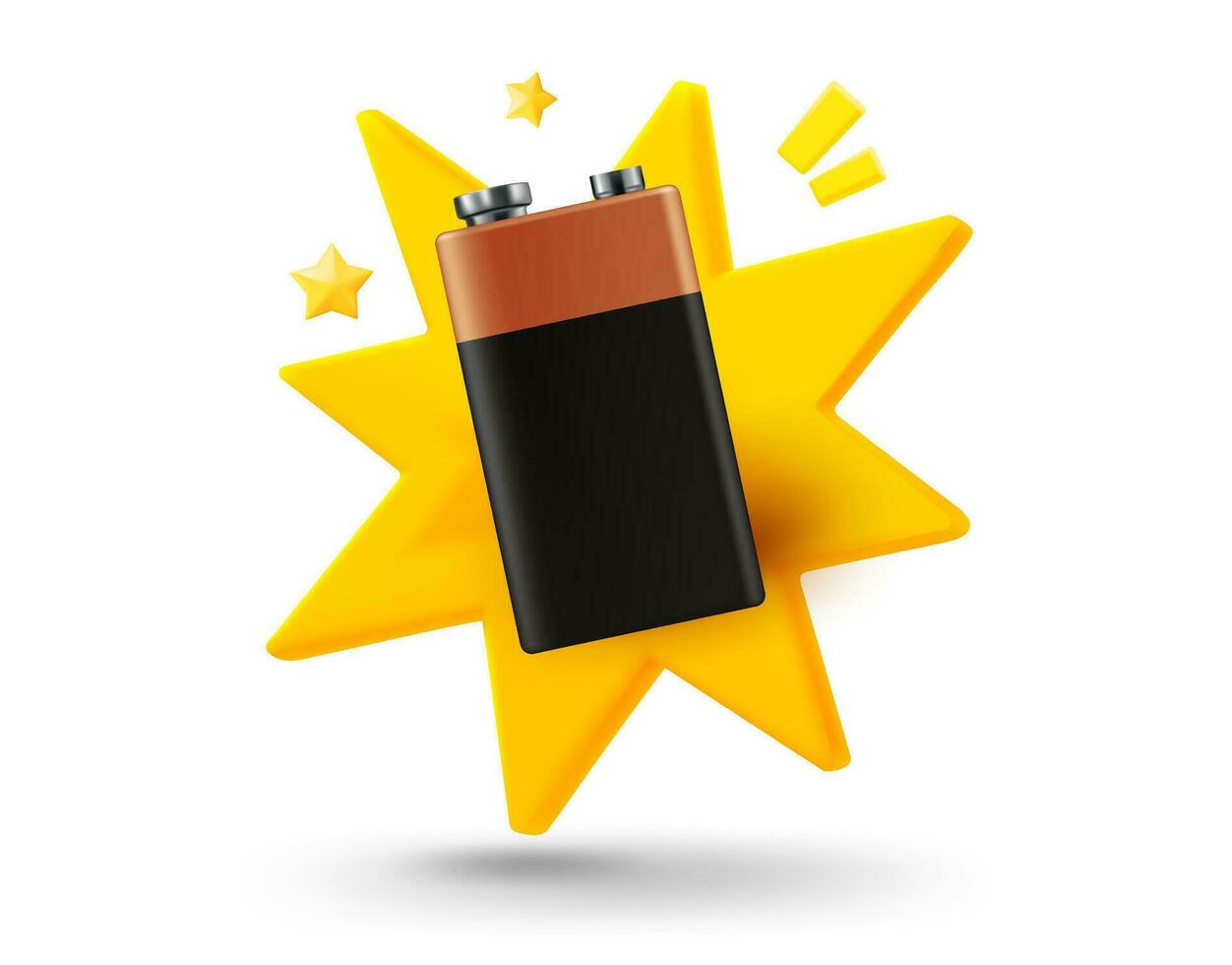 9v battery with explosion effect. 3d vector mobile application icon with notification