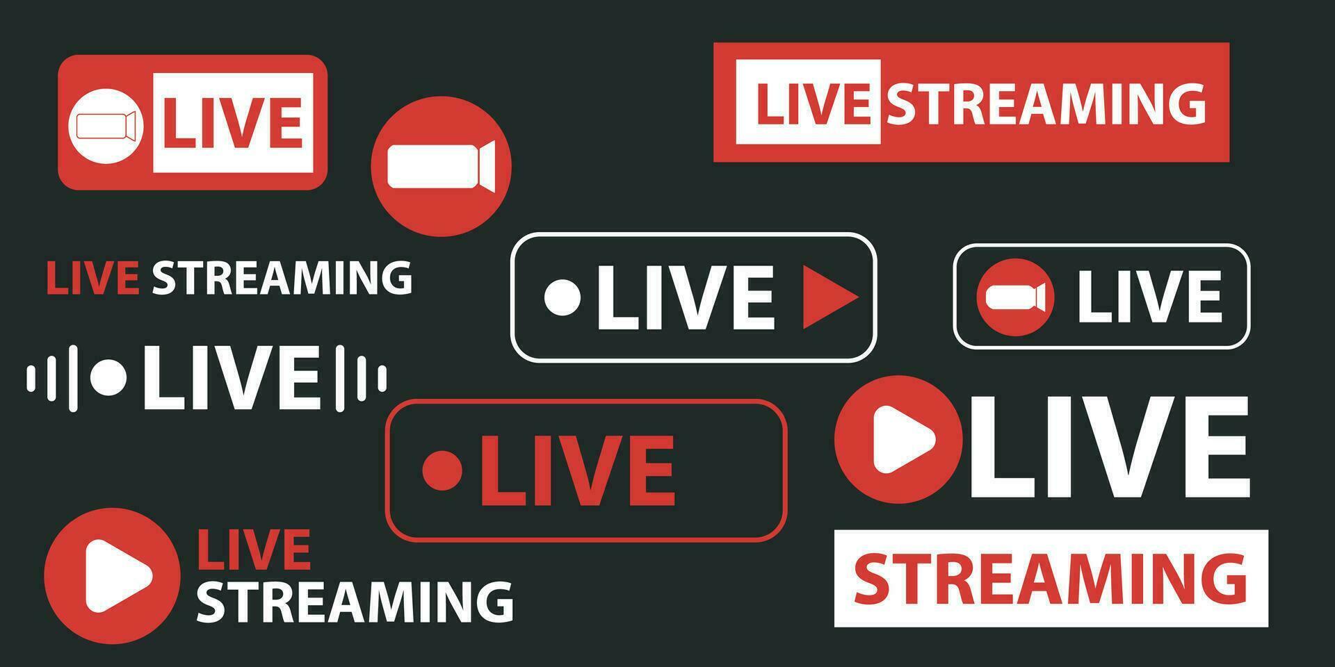 Live streaming icon set. Red symbol and button live streaming, broadcasting, online streaming. Templates vector