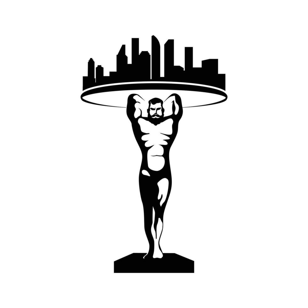 The god Atlas raised a globe. black logo icon design illustration. Atlas lifted the city buildings vector
