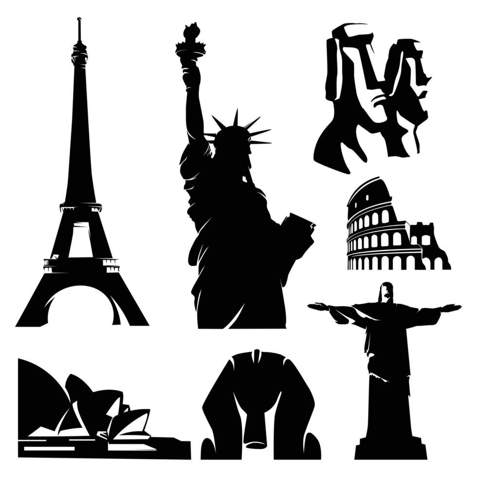 Wonders of the world vector stock . Most famous landmarks, monuments, and cultural icons around the world