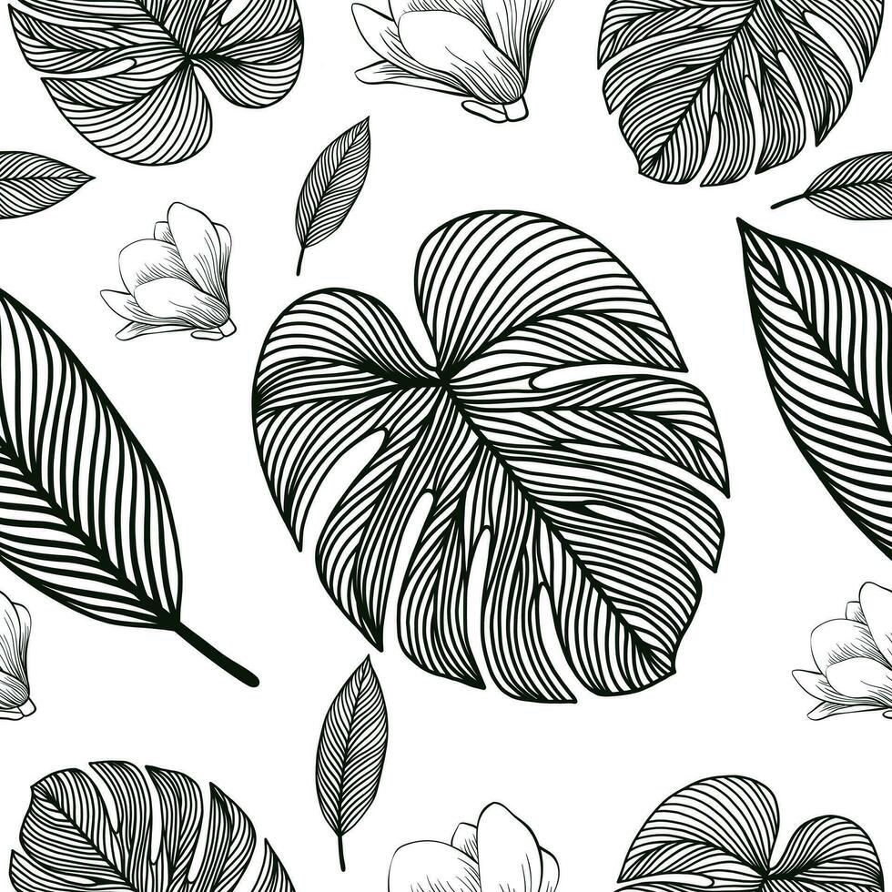 Botanical seamless pattern, hand drawn line art leaves on white vector