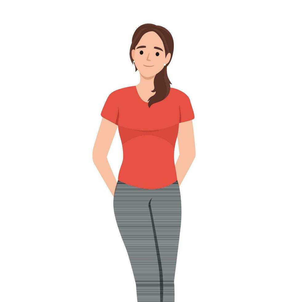 Woman standing front with hands behind her back and smile to the viewer. vector