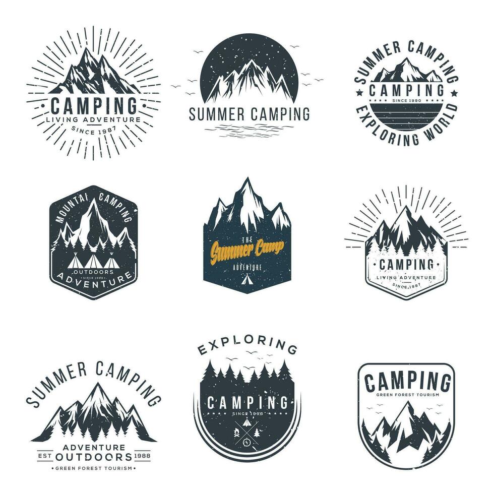 vector set of camping and outdoor adventure vintage logos, emblems, silhouettes and design elements