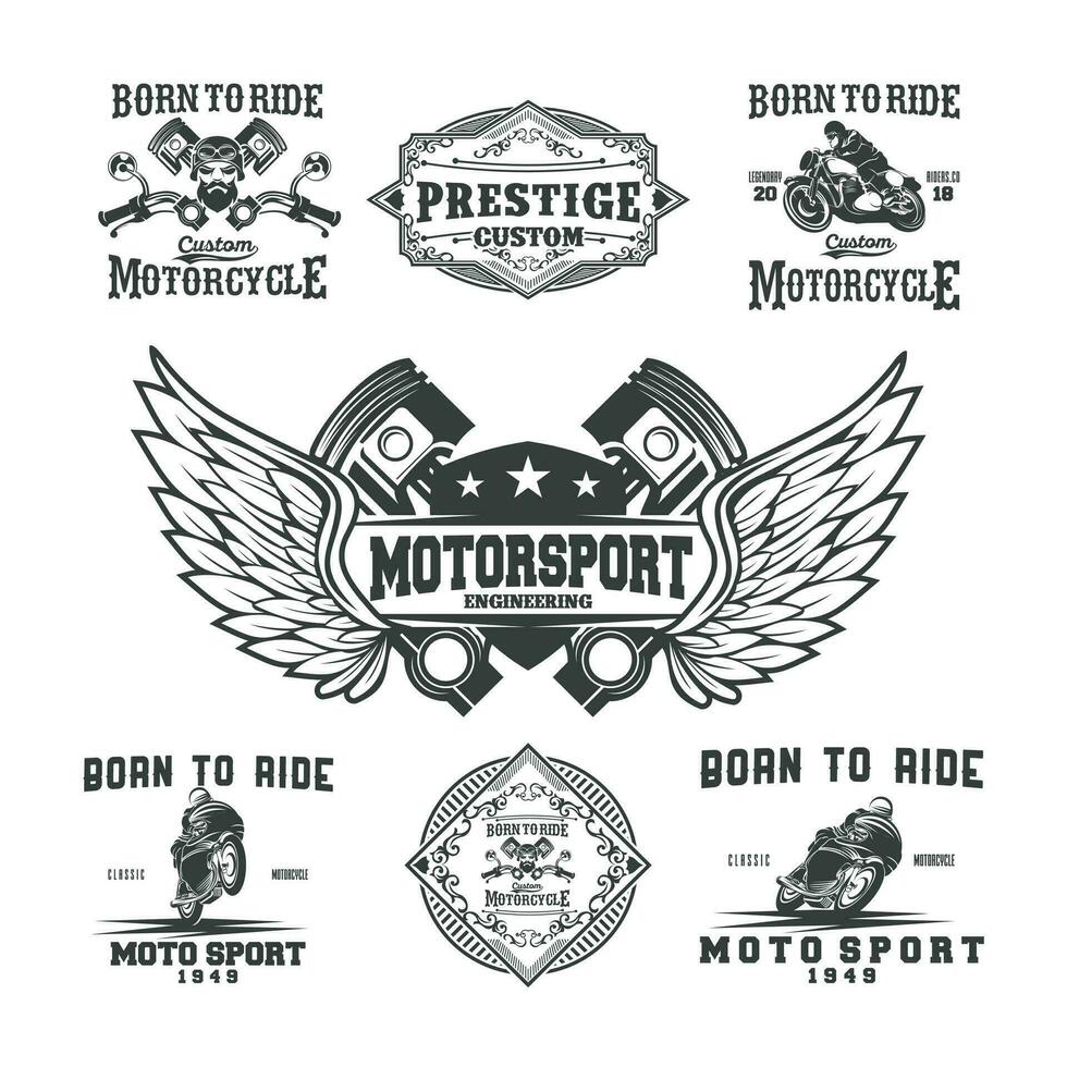 Born to ride. Set of the emblems with racer skulls. Biker club labels. Vector illustrations.