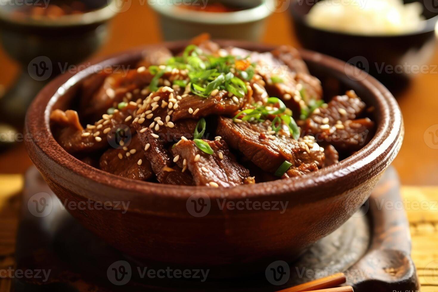 stock photo of Bulgogi rice bowl literally fire meat is a gui made of thin marinated slice food photography