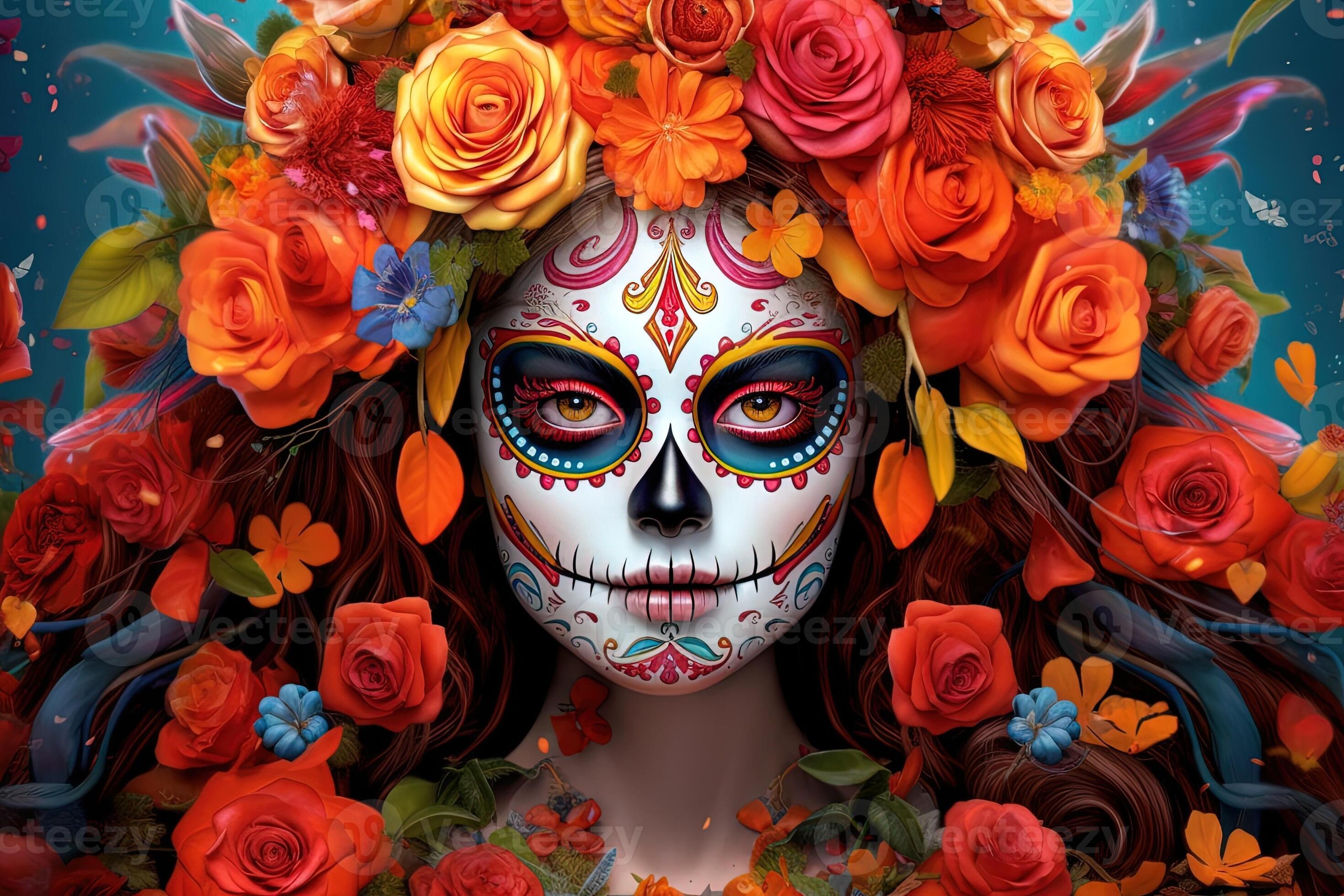 Dia de los muertos poster in traditional Mexican style perform beauty of  Calavera Catrina AI generated holiday personage for home decor or cultural  event featuring skull-faced women with flowers 25296171 Stock Photo