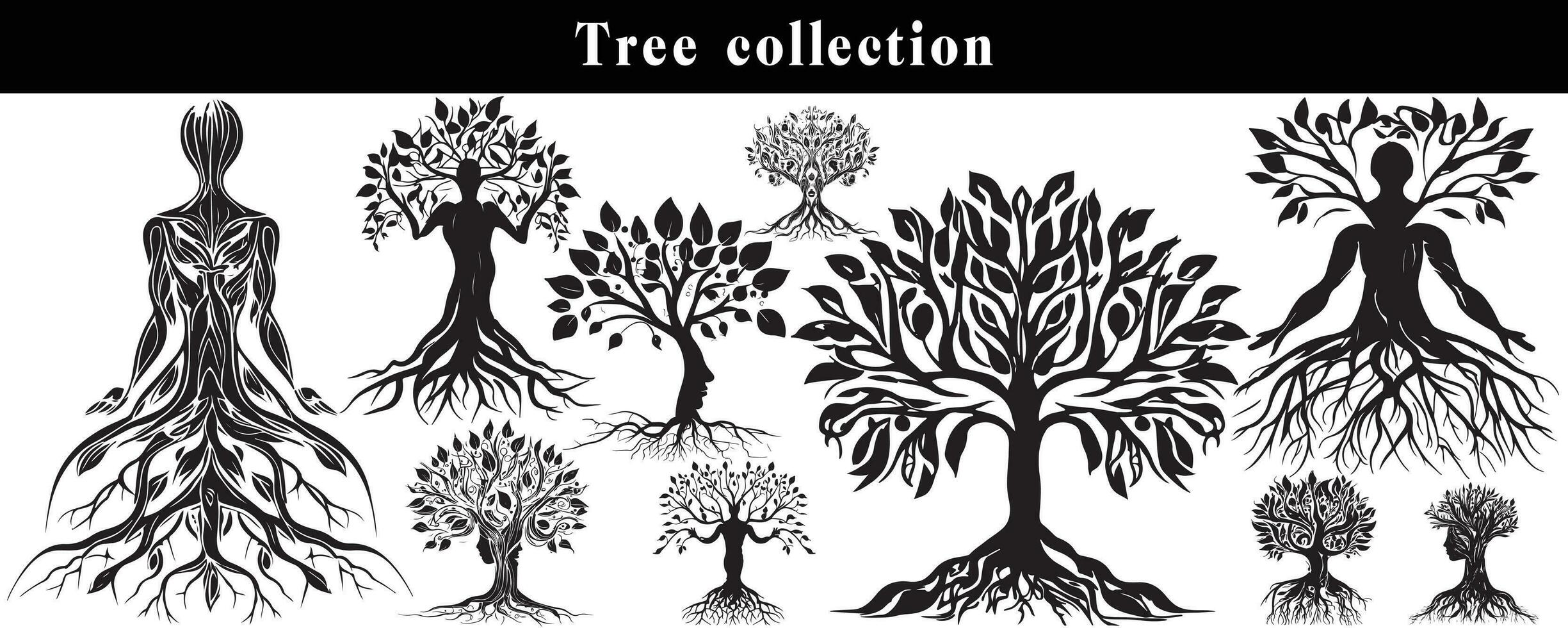 conjunto de siluetas de arboles negro y blanco árbol vector colocar. árbol silueta conjunto en blanco antecedentes.