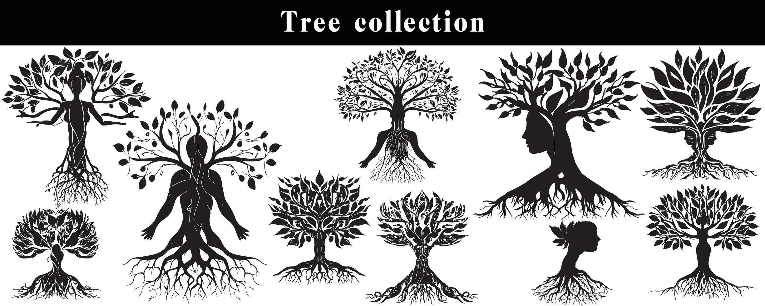set of silhouettes of trees. black and white tree vector set. tree silhouette set on white background.