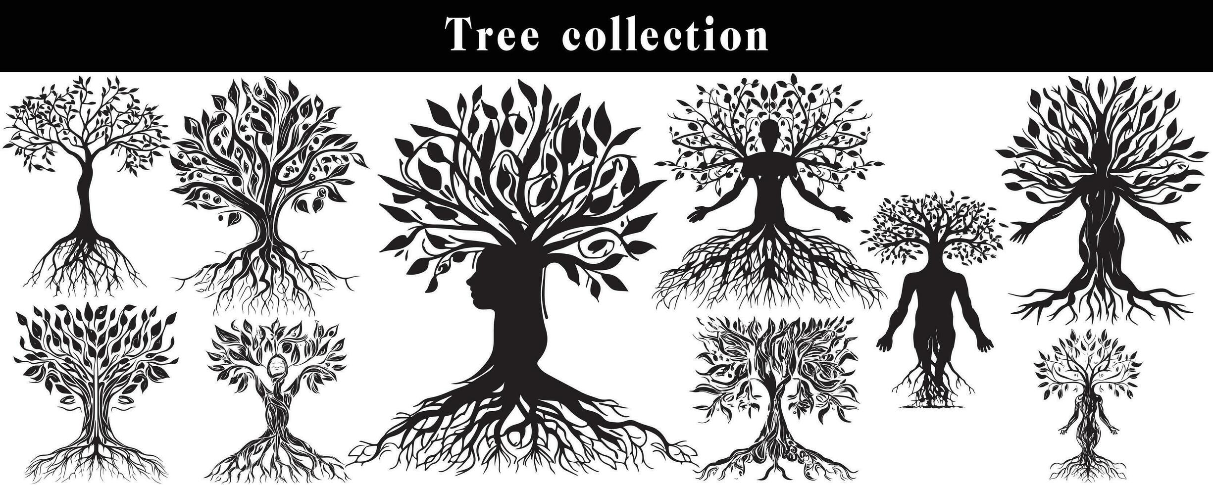 set of silhouettes of trees. black and white tree vector set. tree silhouette set on white background.